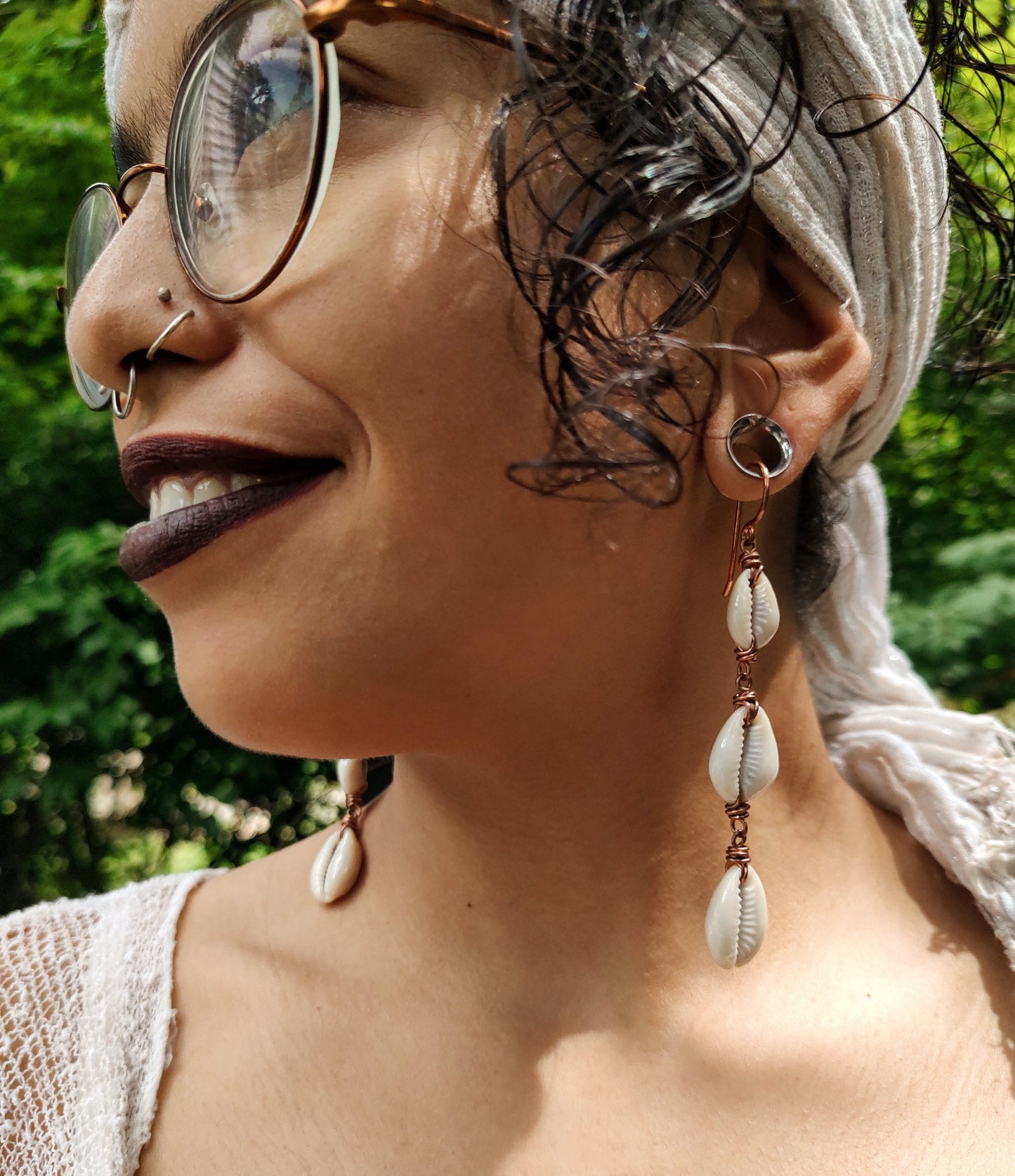 3-Tier Small Copper Cowrie Shell Earrings