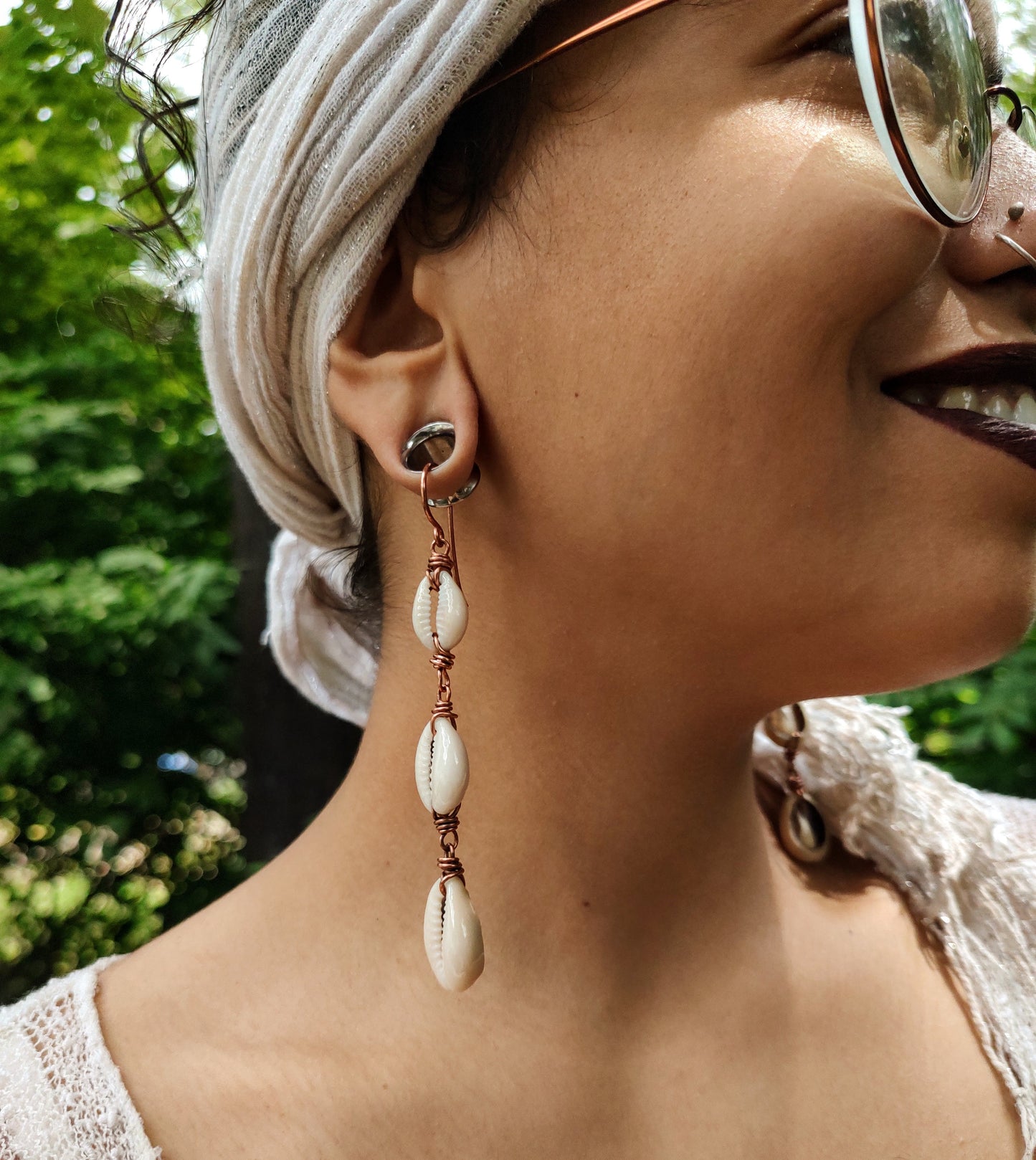 3-Tier Small Copper Cowrie Shell Earrings