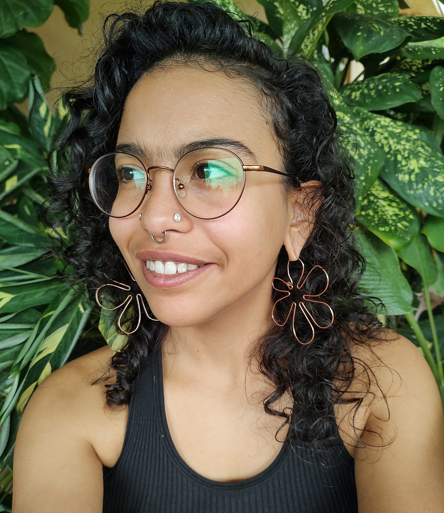 Copper Six Petal Groovy Flower Hoops