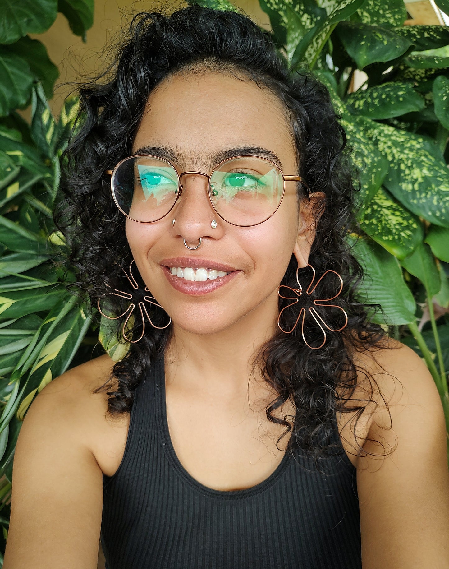 Copper Six Petal Groovy Flower Hoops
