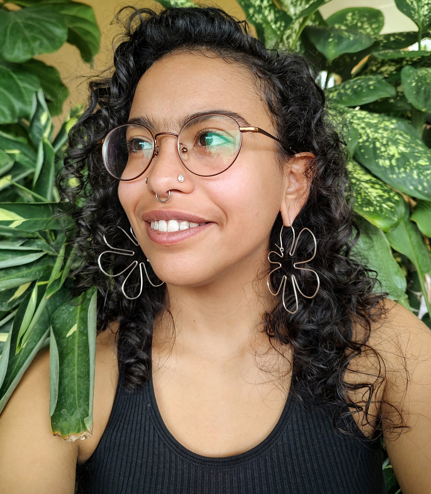 Silver Six Petal Groovy Flower Hoops