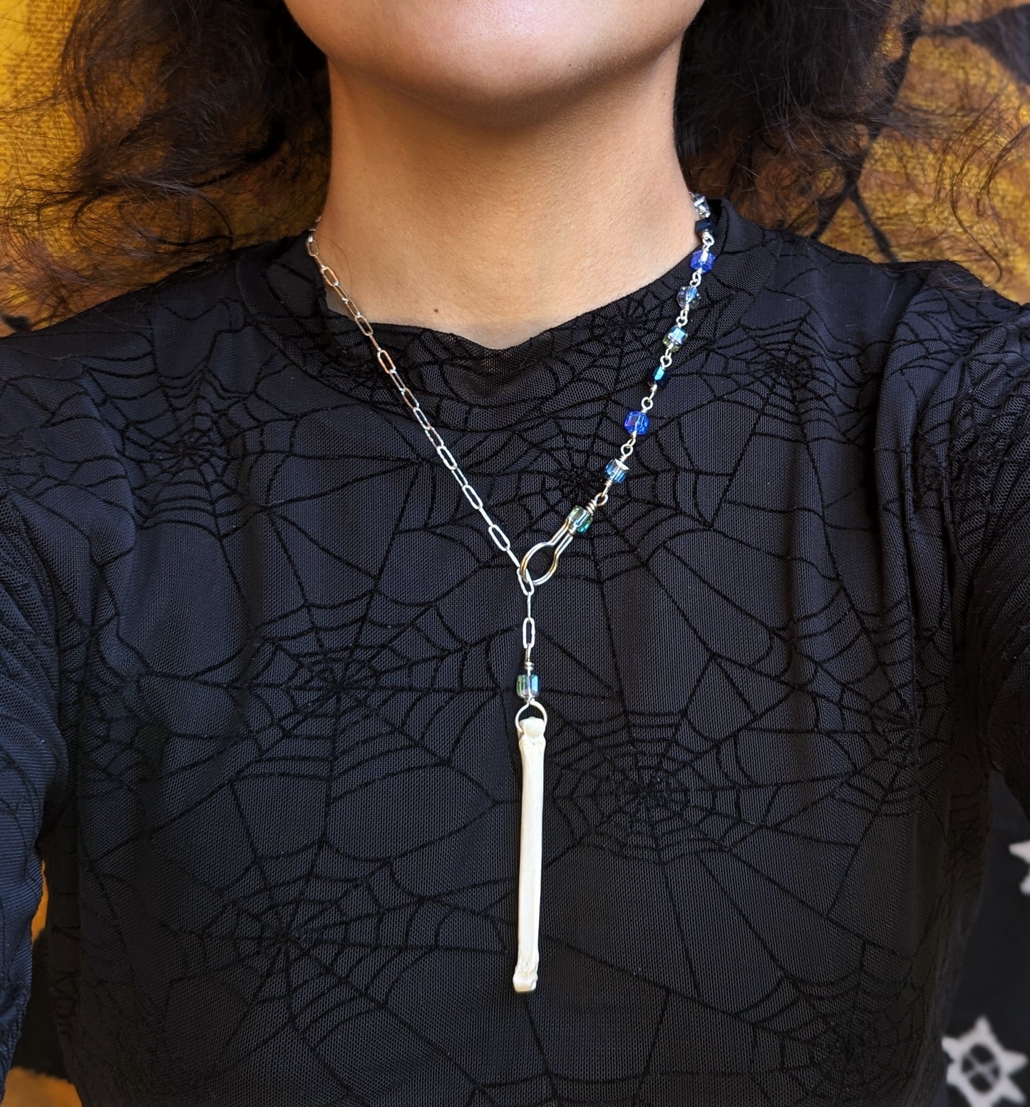 Silver Coyote Bone and Glass Cube Necklace