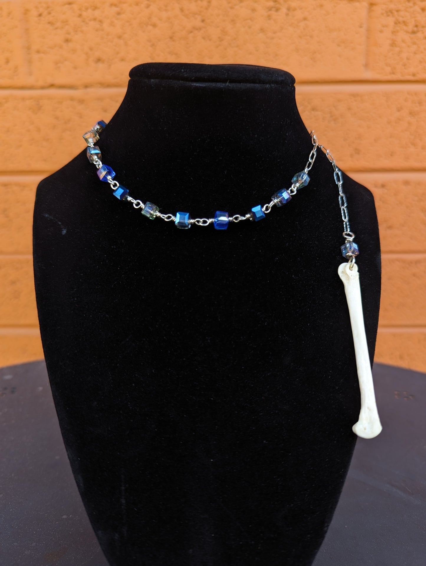 Silver Coyote Bone and Glass Cube Necklace