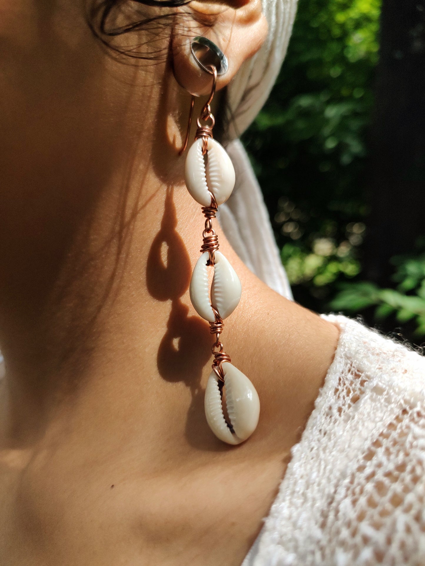 3-Tier Copper Cowrie Shell Earrings