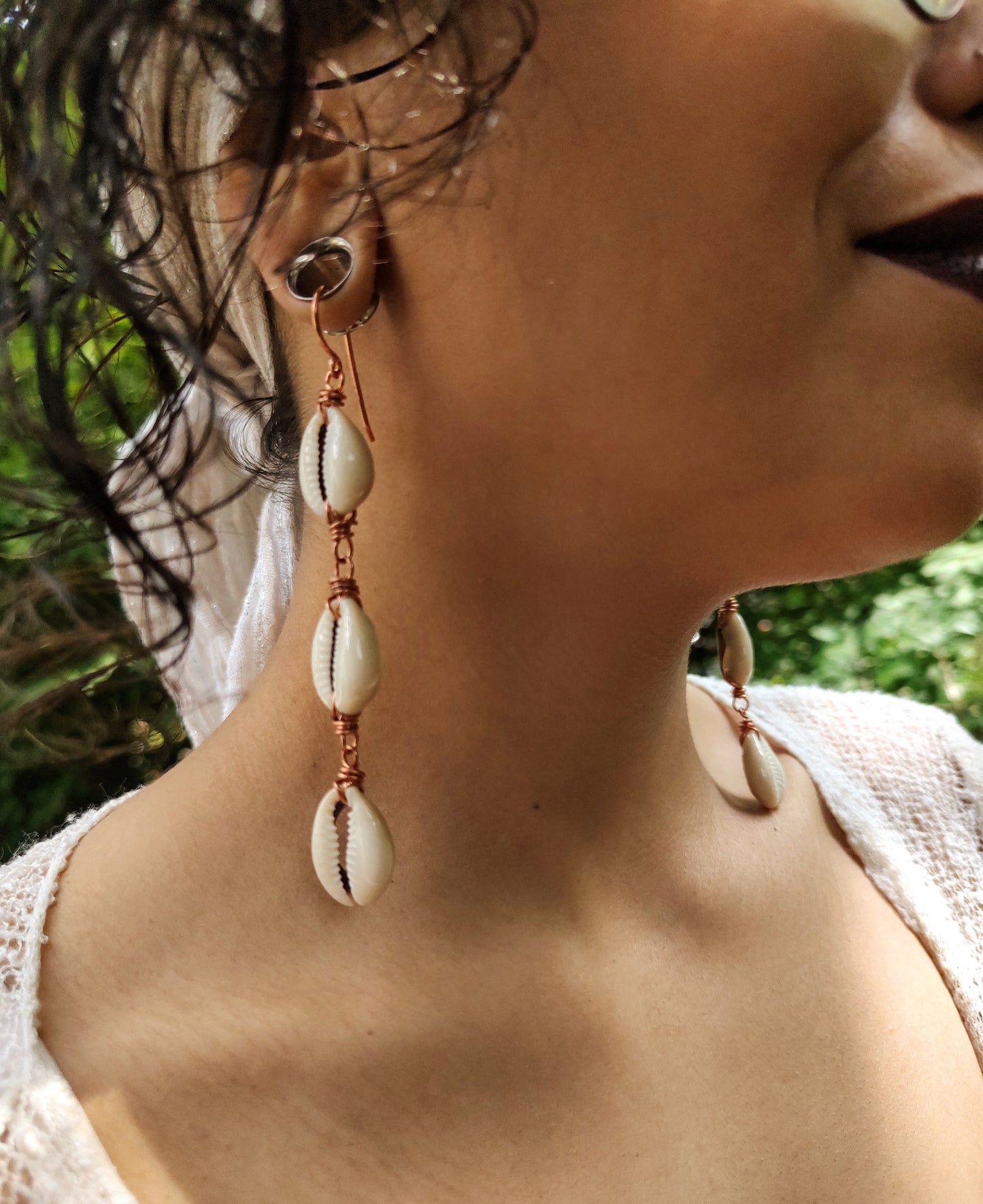 3-Tier Copper Cowrie Shell Earrings