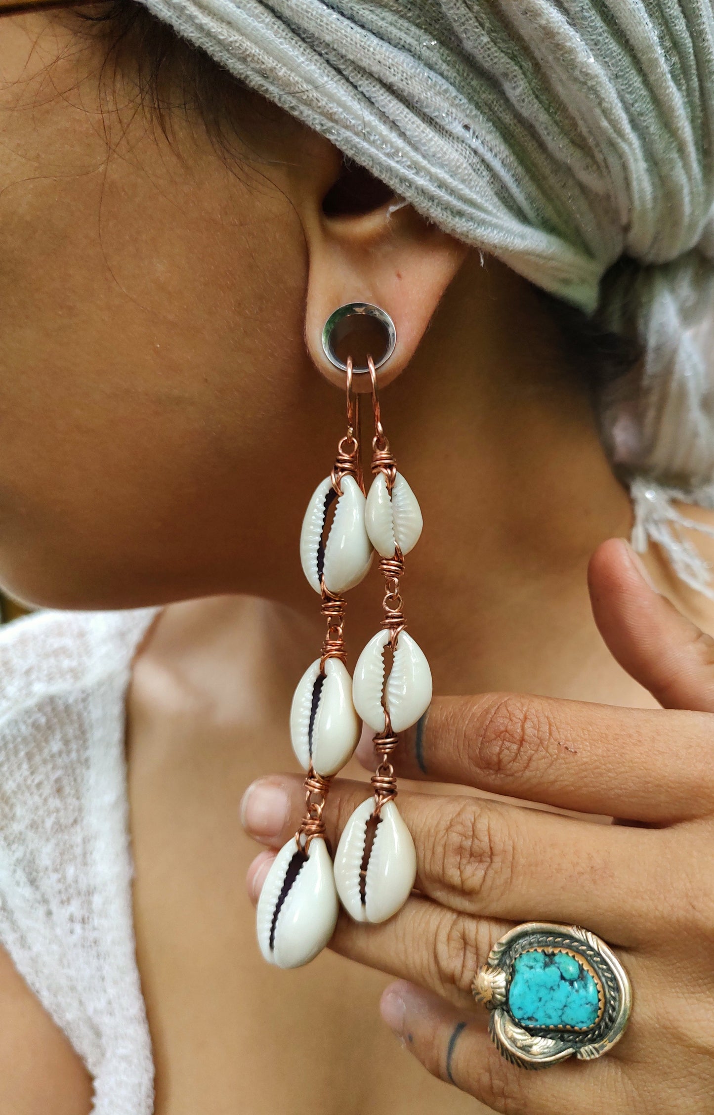 3-Tier Small Copper Cowrie Shell Earrings