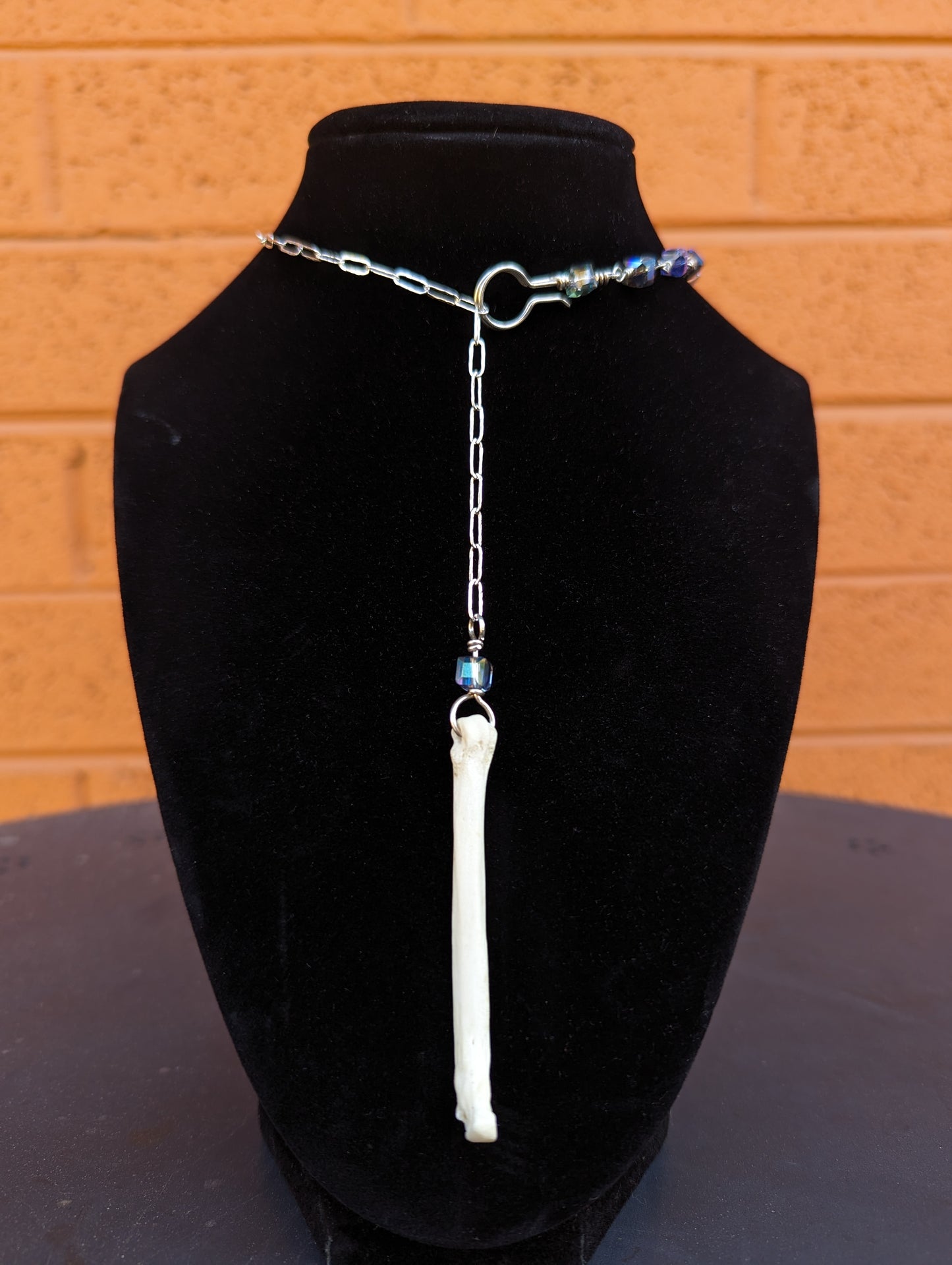 Silver Coyote Bone and Glass Cube Necklace