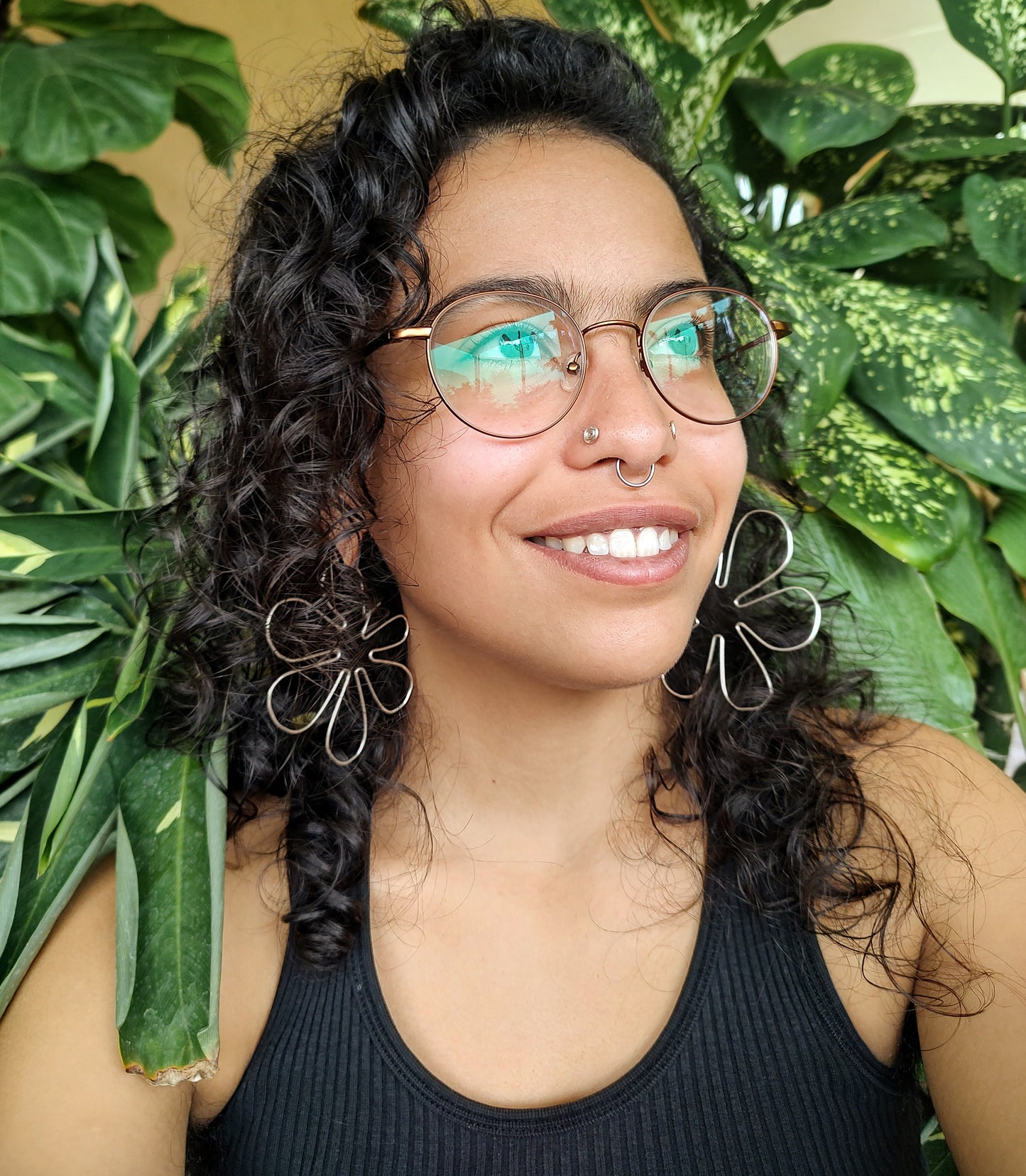 Silver Six Petal Groovy Flower Hoops
