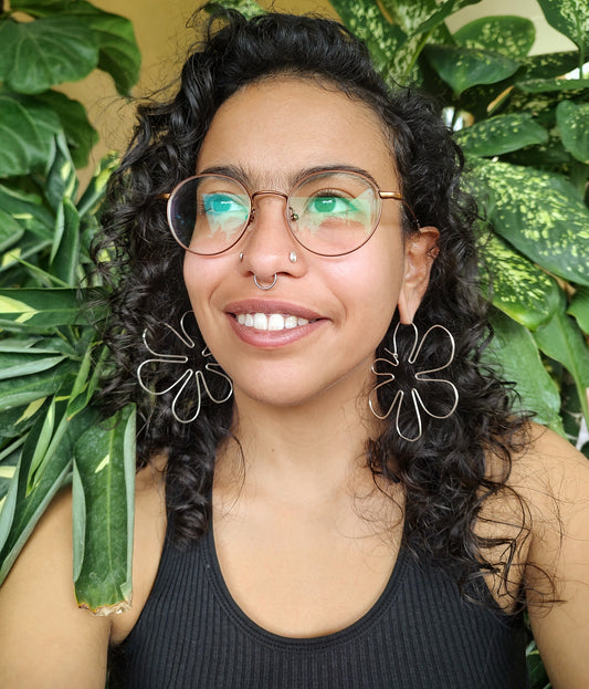 Silver Six Petal Groovy Flower Hoops